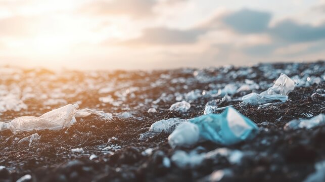 Plastic pollution mars a vibrant coastal beach scene with debris scattered across the sand under a cloudy sky.