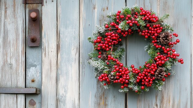 Rustic Christmas Wreath Adorned with Bright Red Berries Hung on a Weathered Wooden Door
