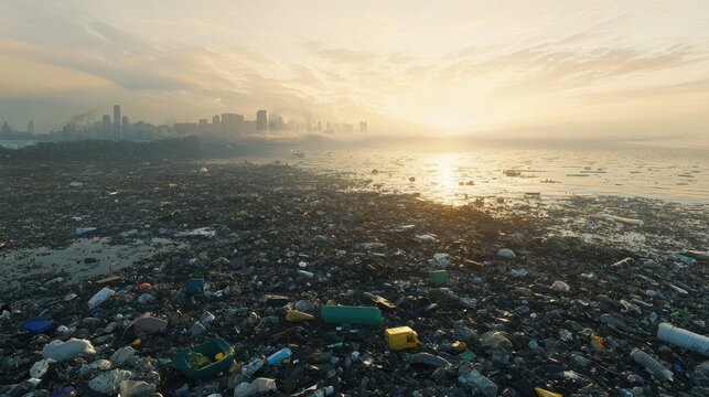 Plastic waste pollutes a deserted beach under a hazy sunset sky with distant city skyline