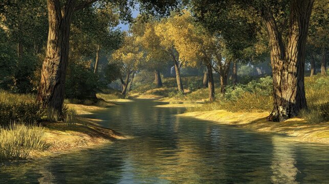 Serene Autumn River Flowing Through Lush Forest with Golden Sunlight and Reflecting Foliage