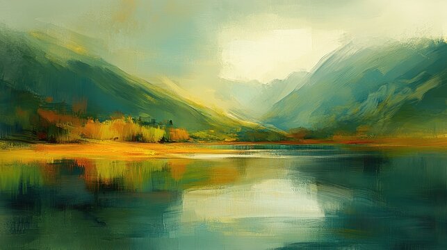 Serene mountain lake landscape painting with vibrant reflections and soft brushstrokes