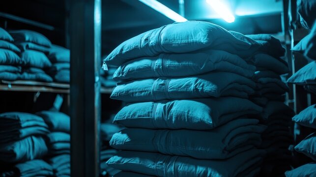 Stacks of unsalable clothes in a dimly lit retail environment, highlighting excess inventory and consumerism issues.