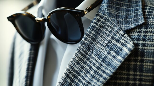 Stylish sunglasses resting on a textured blazer, showcasing sophisticated fashion and personal accessories.