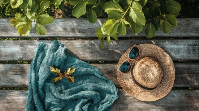 Summer holiday travel essentials including a straw hat and sunglasses displayed on a rustic wooden bench surrounded by lush green foliage and soft light