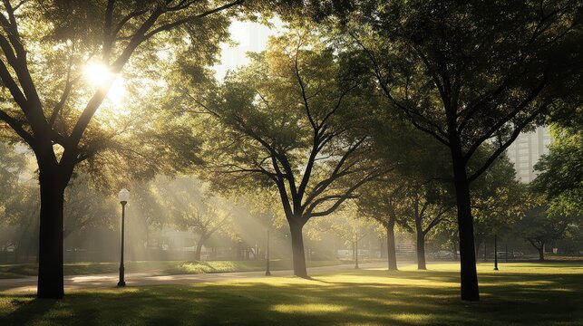 Sunlight filters through lush green trees in a tranquil park, illuminating a peaceful urban oasis.