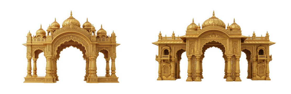 Two ornate golden indian architectural arches isolated on transparent background