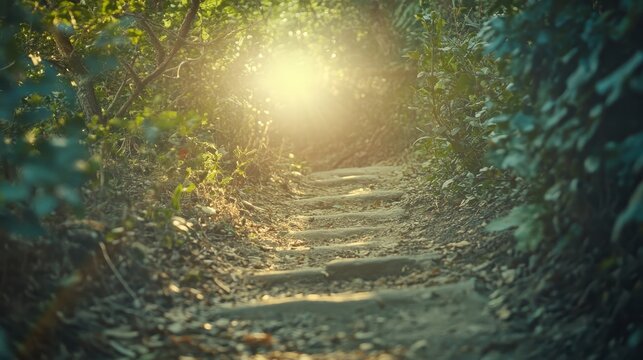 Sunlit forest trail with wooden steps leading through lush green trees and dappled sunlight, inviting exploration and tranquility.