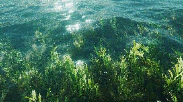 Sunlight illuminates lush green aquatic vegetation beneath clear, shimmering ocean surface