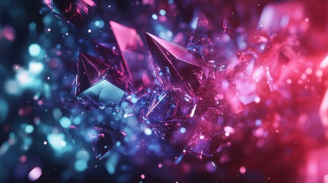 Vibrant abstract crystals with dynamic light and bokeh effects, showcasing digital art and fantasy elements