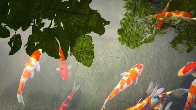 Vibrant Koi fish or Nishikigoi swim in serene tiled pond with leaf reflections. Colorful koi fish gracefully glide through clear water alongside a beautiful overhead canopy reflection. 4k 60fps