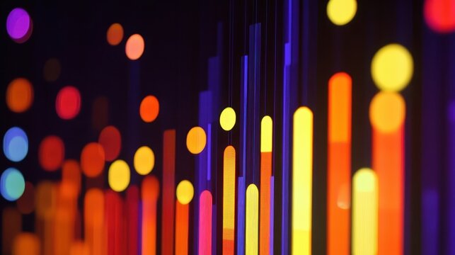 Vibrant abstract equalizer bars with colorful bokeh lights against a dark digital background, representing dynamic data visualization and technology integration.