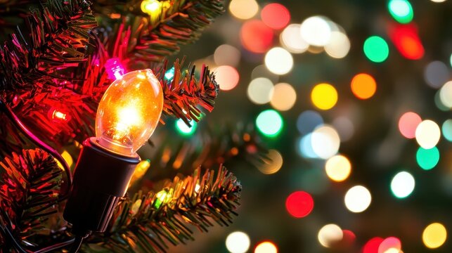 Vibrant Christmas tree lights with festive bokeh and glowing bulbs create a warm holiday atmosphere
