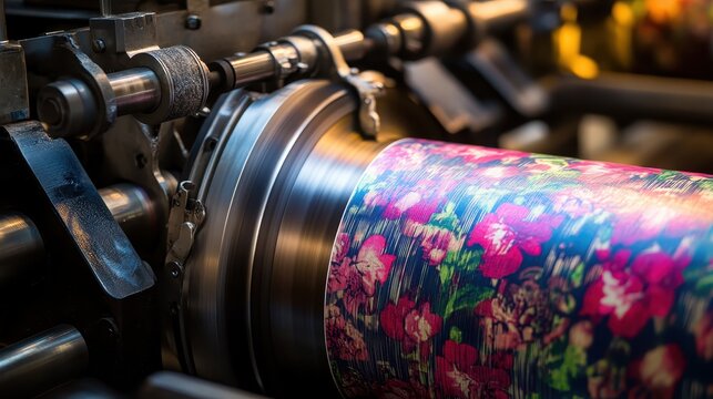 Vibrant floral labels being expertly printed on a large industrial machine showcasing artisanal production process