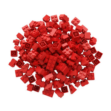 Scattered pile of vibrant red abs plastic toy building blocks (2x4 and 2x2 bricks), flat lay, razor-sharp focus on transparent studio background. Concept of childhood engineering and play