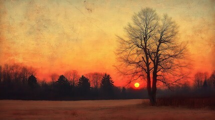 Fototapeta premium Vibrant New Year's Day sunrise with a lone tree silhouetted against the dawn sky