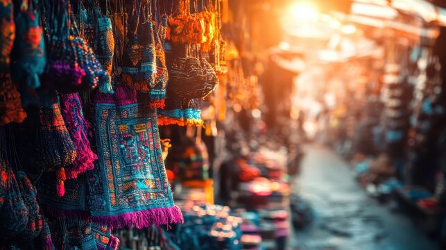 Vibrant textiles and handicrafts displayed at a lively market stall, bathed in warm sunlight