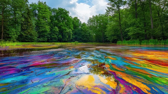 Vibrant Toxic Algae Bloom Covers a Tranquil Pond Surface with Streaks of Color Amidst Lush Green Trees