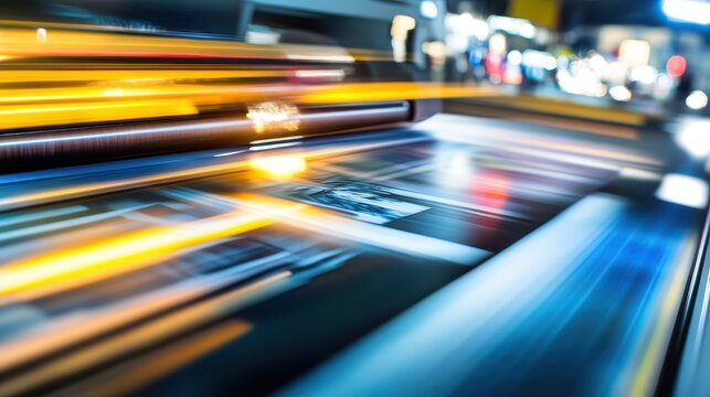 Vivid inkjet printing process in motion with streaks of light and abstract color patterns captured during operation