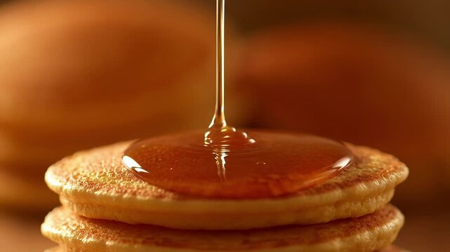 Pancakes with syrup drizzling stack in warm lighting