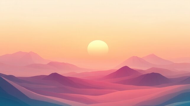 Vibrant warm sunset casts colorful hues over soft focus mountain ranges creating a peaceful landscape