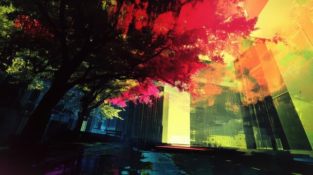 Vibrant Urban Cityscape with High Contrast Colors and Abstract Reflections Showcasing Modern Architecture