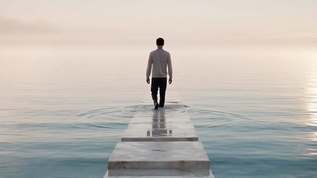 Man walking on water path reflecting tranquility calmness