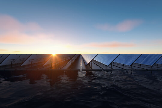 3d render floating solar panel farm in ocean with photovoltaic arrays extending toward horizon under sunrise sky. Renewable energy infrastructure highlights solar power generation, clean electricity.