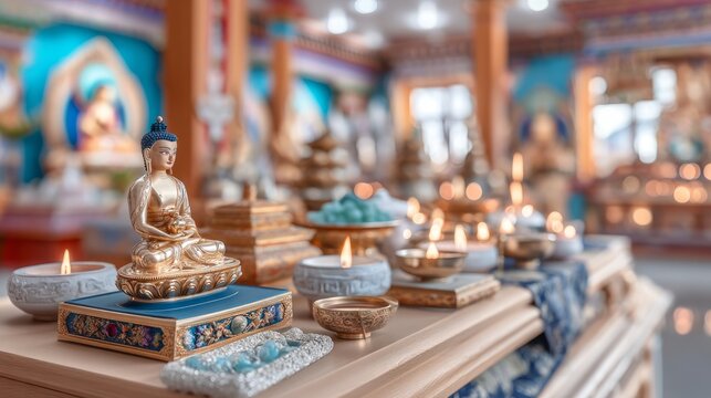 Sacred Altar with Buddha Statue in Bhutanese Temple Interior Setting
