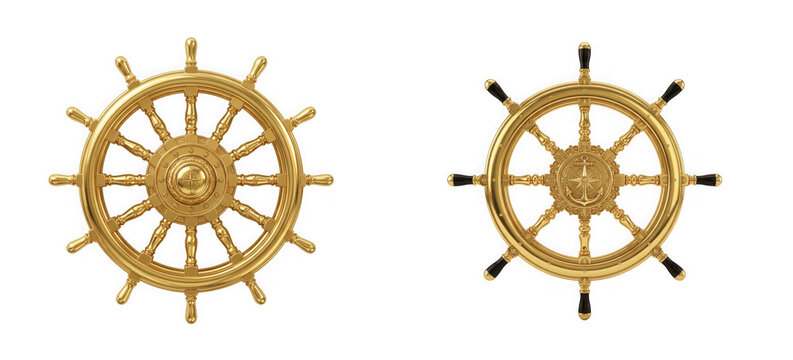 Set of two golden ship wheels isolated on transparent background