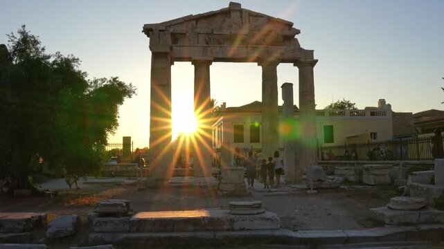 Gate of Athena Archegetis with sun flare at Roman Agora of Athens