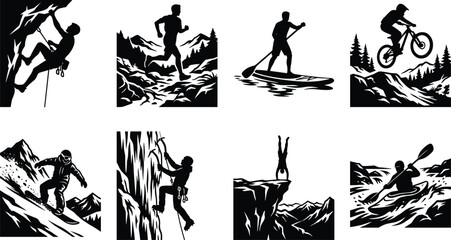 Extreme sports and outdoor adventure silhouette set featuring rock climbing trail running mountain biking kayaking and winter snowboarding © Sirajul