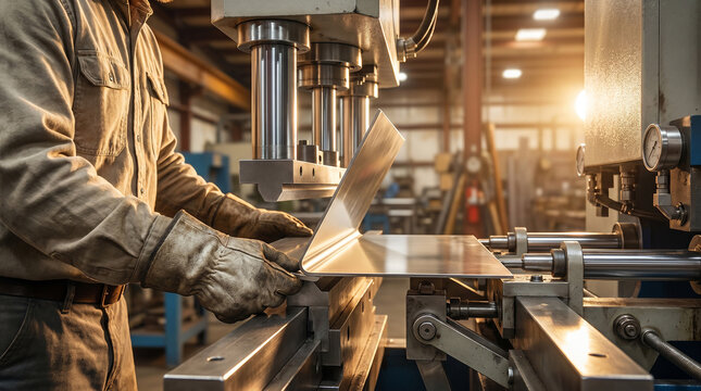 Skilled worker in gloves precisely bends a metal sheet using an industrial press brake, showcasing manufacturing and fabrication