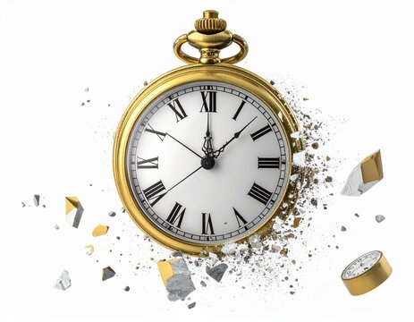 Disintegrated clock on white background	
