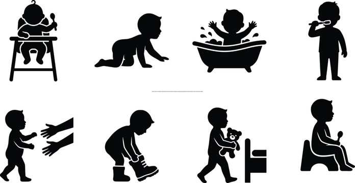 Baby routine and toddler development vector silhouette set featuring crawling eating bathing tooth brushing first steps and potty training