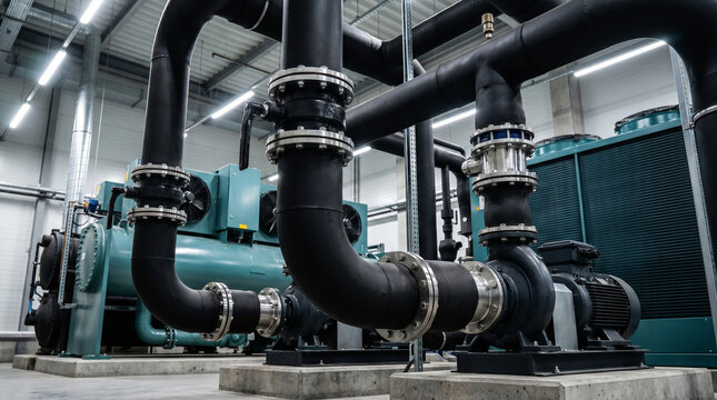 Efficient industrial chiller and pumping system with large pipes, machinery, and cooling units in a modern plant