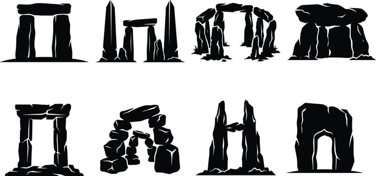 Ancient megalithic structures and prehistoric stone monuments silhouette vector set featuring dolmens stone circles trilithons obelisks and rock archways