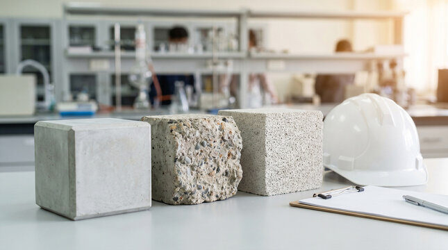 Concrete samples, hard hat, and clipboard in a civil engineering laboratory, emphasizing material testing and building materials