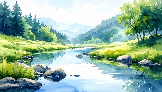 山々に囲まれた渓谷を流れる清流と新緑の森を描いた水彩風景画