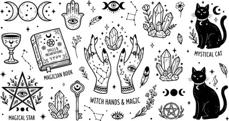 Fototapeta premium Magic elements. Mystical Halloween sticker. Hand drawn boho esoteric crystals, witch hands, magician book, cat, magical star, female mystical symbols. Vector set