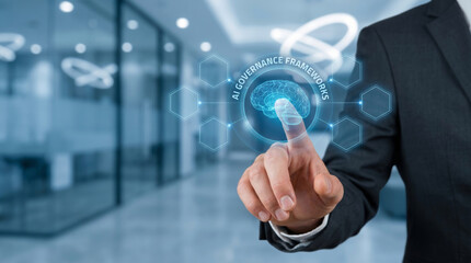 Obraz premium Ai regulation governance concept digital interface hologram finger touch business office. Technology compliance innovation. policy security intelligence, law system risk, justice privacy