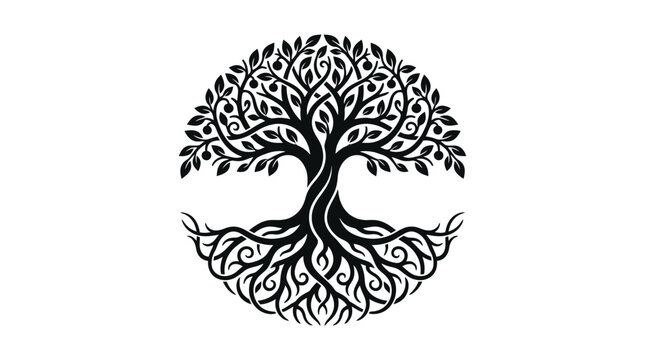 Stylized Tree of Life Vector Illustration with Flowing Roots and a Half-Circle Leaf Canopy, isolated white background