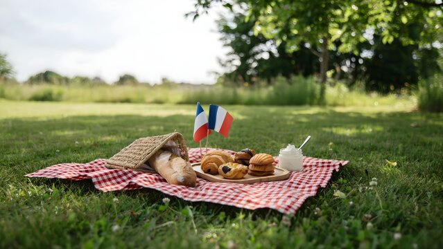 Picnic with sandwiches and french flag outdoors