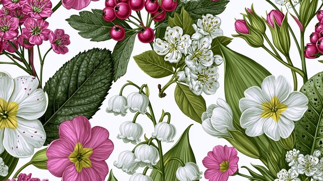 Delicate spring composition with primrose flowers lily of valley and red berries clusters.