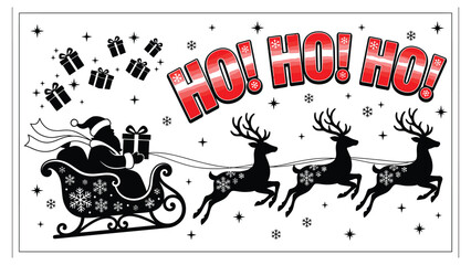 Santa Claus rides a sleigh pulled by reindeer with presents and holiday text displayed in a festive seasonal illustration. © Adam