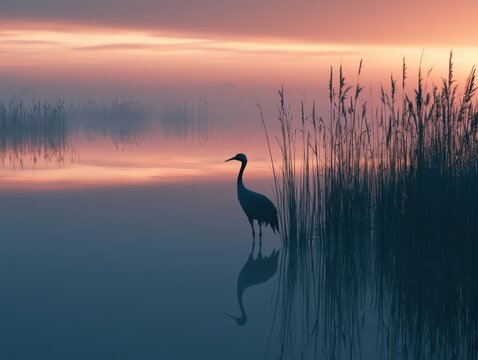 Crane Bird Silhouette in Misty Sunset Water with Reeds and Reflection