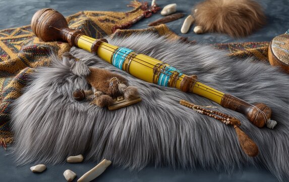 Artistic Arrangement of Tuvan Throat Singing Instrument on Soft Fur Textiles