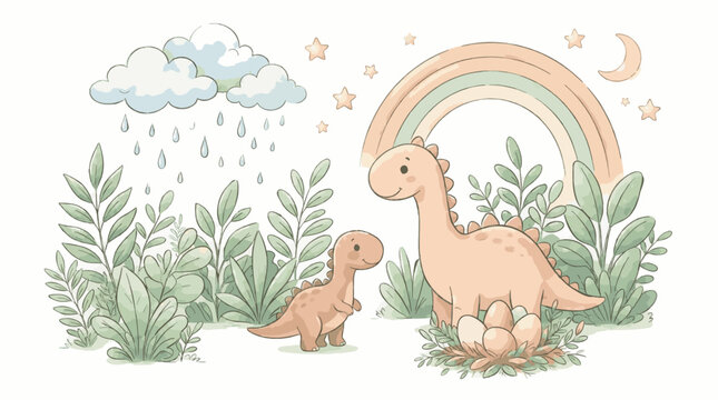Illustration of dinosaurs in a whimsical garden with rainbow and raincloud