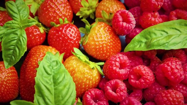 Macro shot of fresh organic strawberries and raspberries with green mint leaves