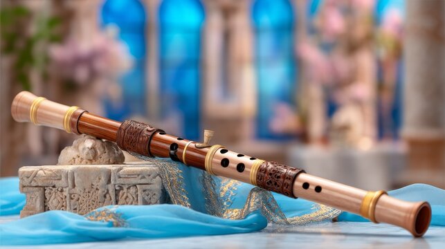 Traditional Armenian Duduk Flute on Decorative Surface with Blue Drapery