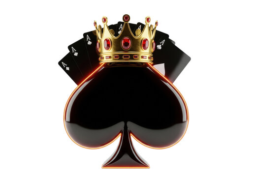 massive, hyper-glossy black spade symbol topped by an ornate 24k gold crown with ruby gems, dramatic orange rim light, white background copy space. concept of absolute victory and dominance